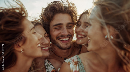 Young happy smiling man in the center. Girls and boys having fun on the sea beach. The pleasure of relaxation and vacation. A group of people on a beach party, with the sky in the background