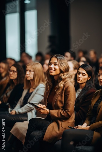 a woman is sitting in the middle of a crowd of people