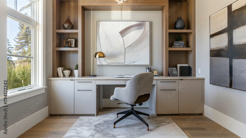 A home office with a built-in desk featuring hidden storage compartments. A comfortable ergonomic chair and modern artwork on the wall create a stylish and functional workspace