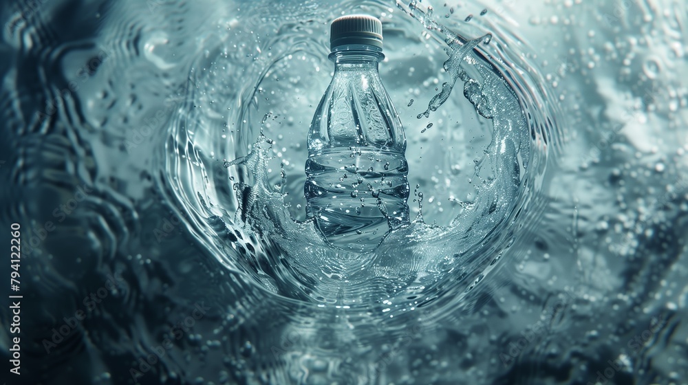 An electric blue bottle filled with liquid is floating in the water, creating a beautiful circle of art with the fluid drinkware An electric blue bottle filled with liquid is floating in the water, creating a beautiful circle of art with the fluid drinkware