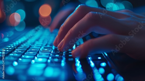 Close-up of hands typing on a laptop keyboard in blue light photo