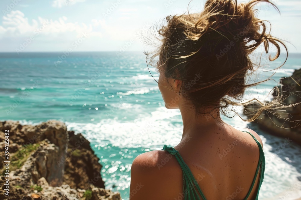 Woman standing on rock with open arms in the sea- happiness, vacation, freedom concept. Beautiful simple AI generated image in 4K, unique. Woman standing on rock with open arms in the sea- happiness, vacation, freedom concept. Beautiful simple AI generated image in 4K, unique.