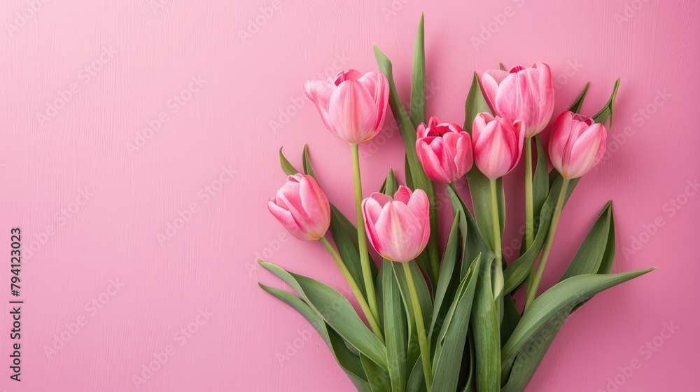 Tulip bouquet on a pink backdrop Festive floral arrangement Tulip bouquet on a pink backdrop Festive floral arrangement
