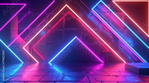 abstract 3d render futuristic geometric shapes and lines neon colors on dark background