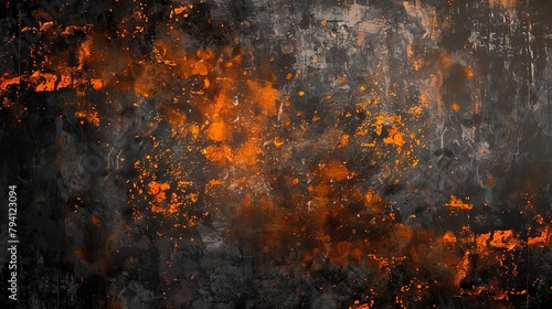 abstract black and orange grunge texture with grainy noise and glowing light effect