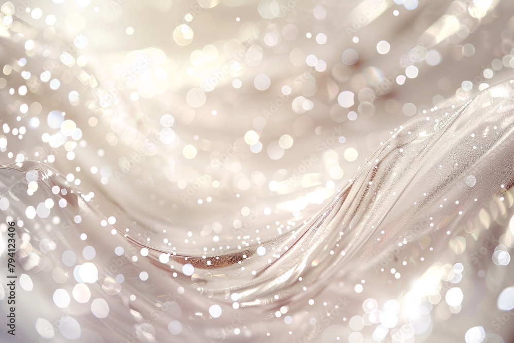 Abstract background. Ethereal close-up of a shimmering, gauzy fabric enveloped in soft-focused, twinkling light bokeh. - obrazy, fototapety, plakaty 