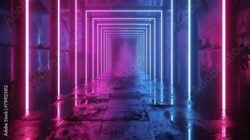 abstract neon background with ascending pink and blue glowing laser lines 3d illustration © Bijac