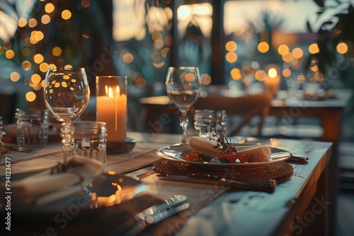 Elegant outdoor dining table set with candles, glassware, and a plate of tomatoes in a cozy, illuminated ambiance.