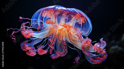 Vivid Jellyfish Floating in Deep Blue Sea with Fiery Tentacles