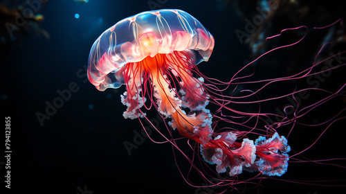 Luminous Lion's Mane Jellyfish with Pink Tentacles in Dark Ocean