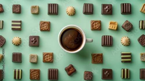 Top view of a coffee cup surrounded by various colorful chocolates on a vivid green background. Ideal for themes of indulgence, morning routines, and sweetness.