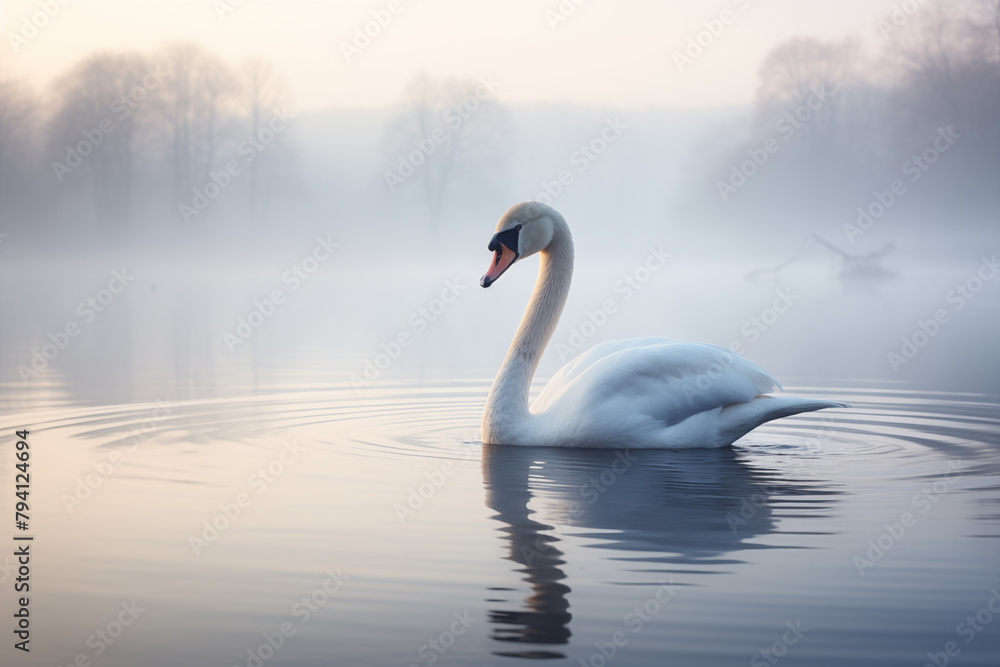 Elegant swan gliding serenely across the calm surface of a glassy lake at dawn Elegant swan gliding serenely across the calm surface of a glassy lake at dawn