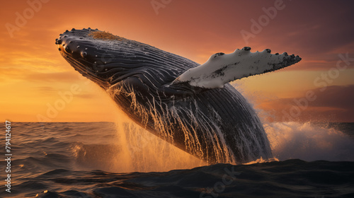Humpback Whale Breaching at Sunset with Water Droplets © heroimage.io