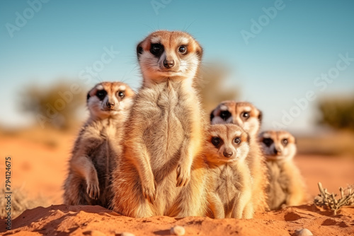 Family of meerkats standing alert on the sandy desert floor