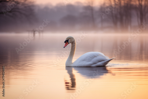 Elegant swan gliding serenely across the calm surface of a glassy lake at dawn