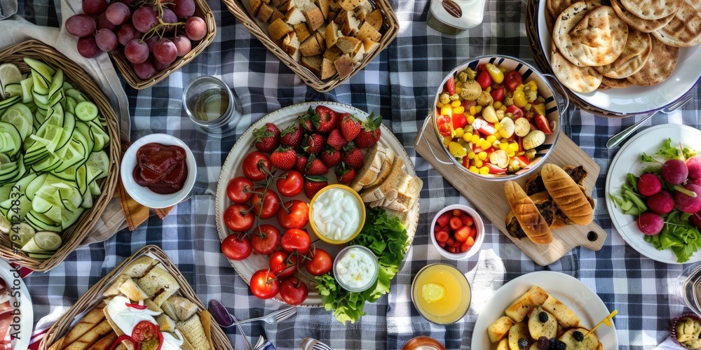 A picnic blanket spread with a variety of finger foods and snacks for Memorial Day. A picnic blanket spread with a variety of finger foods and snacks for Memorial Day.