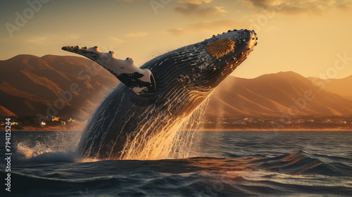 Majestic Humpback Whale Rising Above the Ocean at Dusk