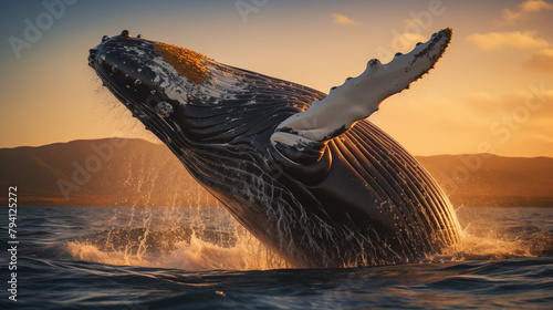 Glistening Humpback Whale Breach During Golden Sunset © heroimage.io