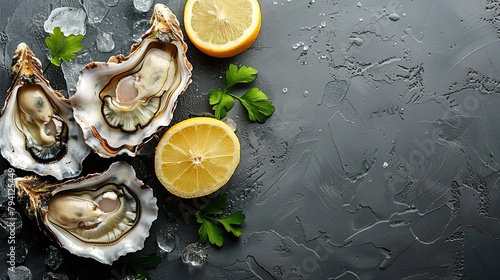 Opened oysters  ice and lemon on stone table. Half dozen. Top view with copy space