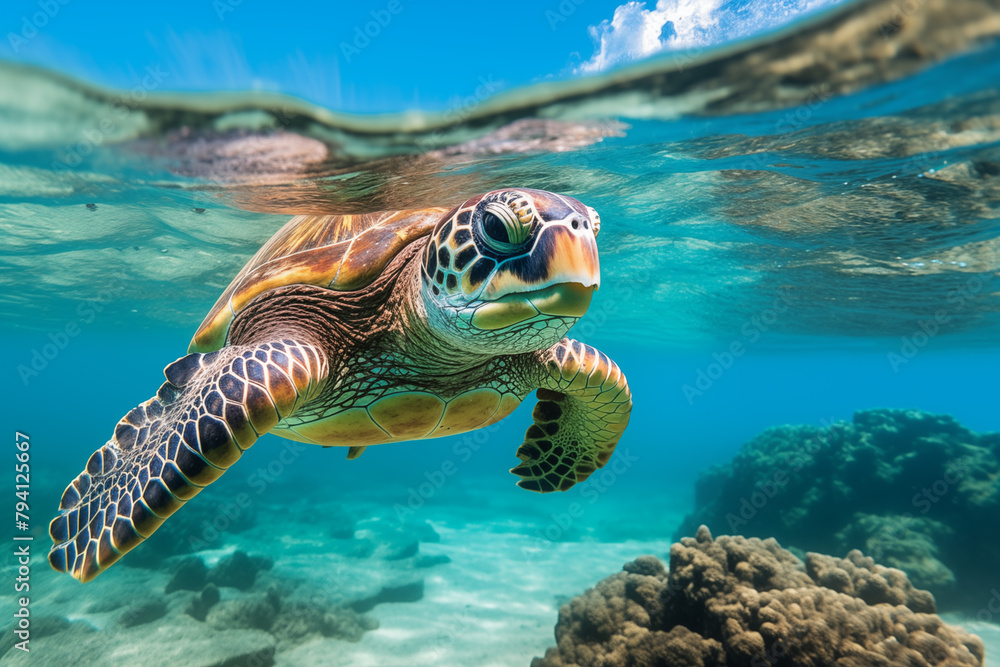 Fototapeta premium Majestic green turtles gracefully swimming through crystal-clear ocean waters, surrounded by vibrant coral reefs