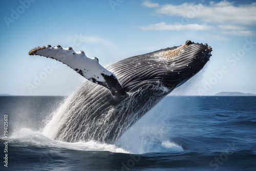 Graceful humpback whale breaching out of the ocean waters, its massive body suspended momentarily in mid-air © The Origin 33