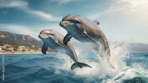 Joyful Dolphins Jumping Before Mountainous Seaside Town © heroimage.io