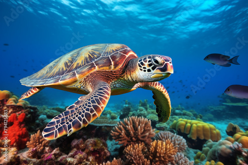 Majestic green turtles gracefully swimming through crystal-clear ocean waters, surrounded by vibrant coral reefs