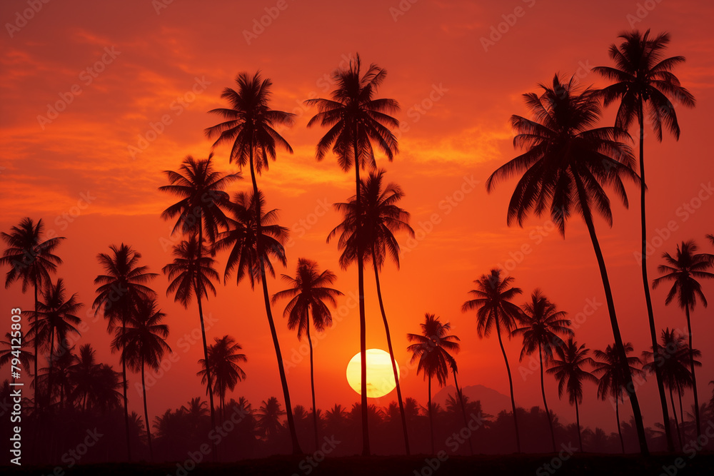 Towering palm trees silhouetted against a fiery sunset in the tropical rainforest