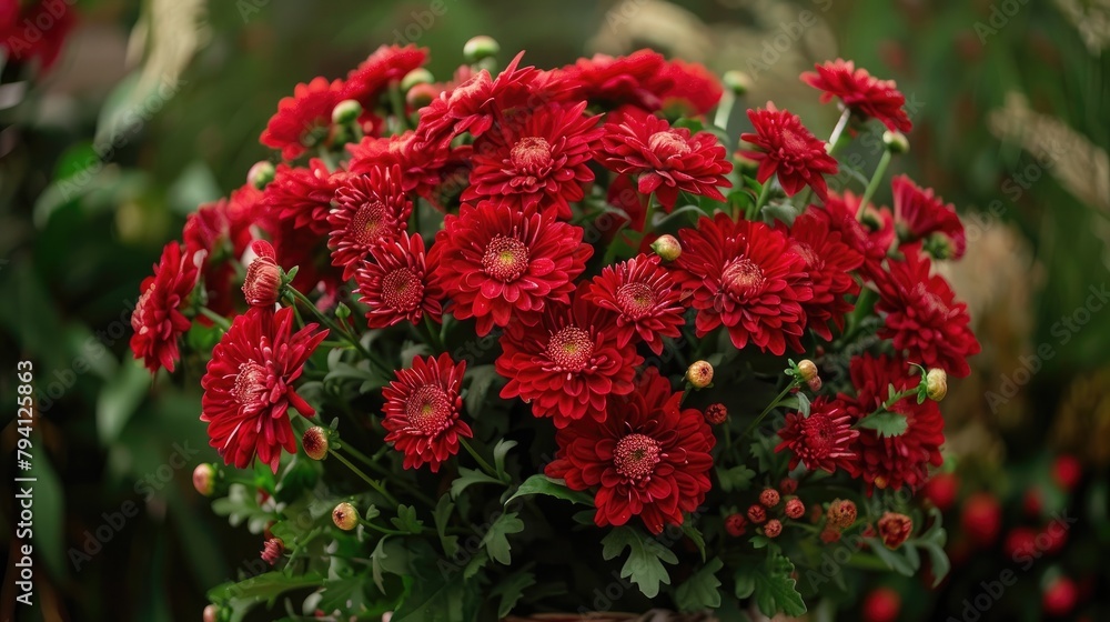 Congratulatory and festive arrangement of lovely red chrysanthemums