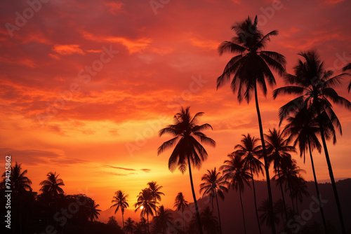 Towering palm trees silhouetted against a fiery sunset in the tropical rainforest