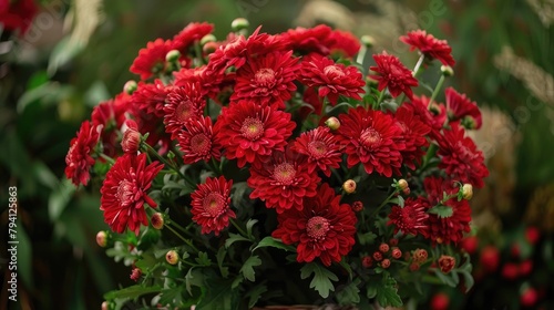 Congratulatory and festive arrangement of lovely red chrysanthemums