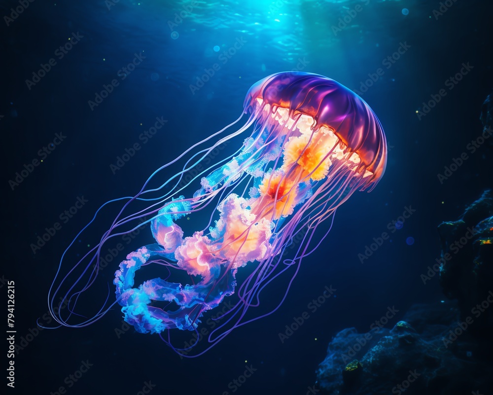 Luminous neon jellyfish swimming in deep blue ocean, surreal and artistic choice for a desktop background, dreamlike ambiance