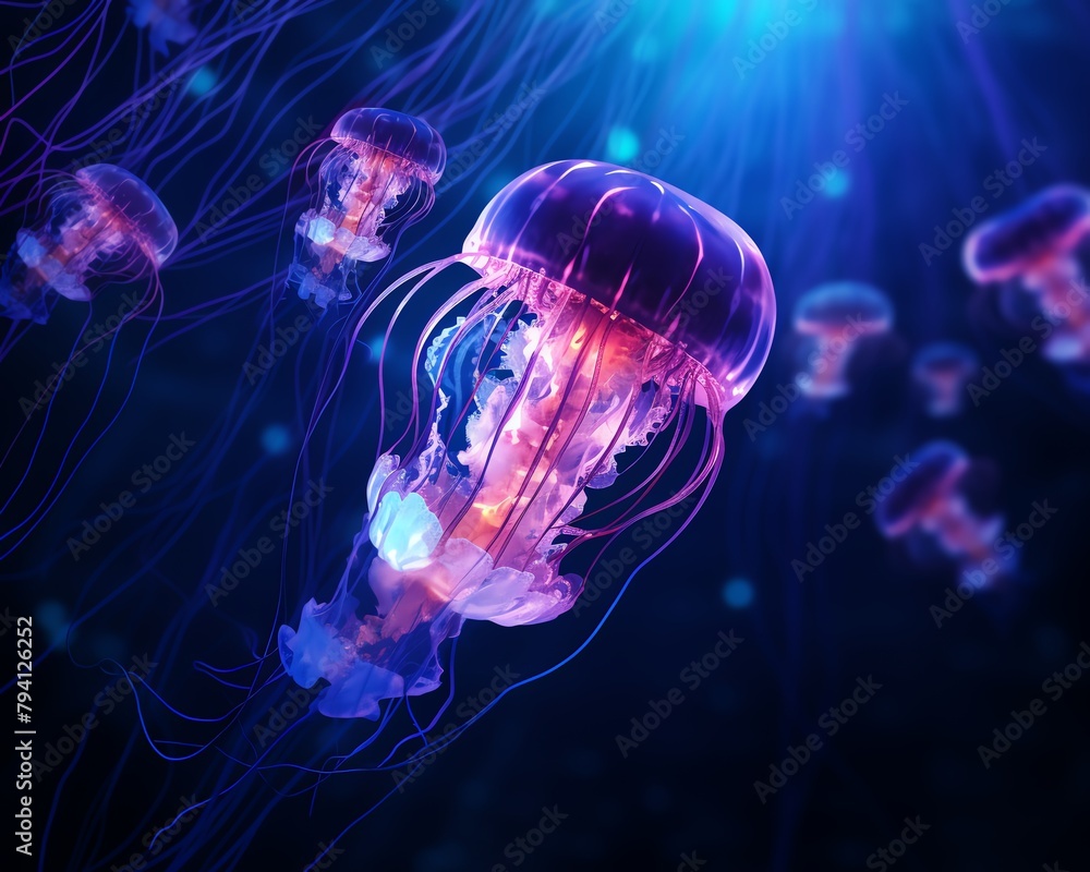 Luminous neon jellyfish swimming in deep blue ocean, surreal and artistic choice for a desktop background, dreamlike ambiance