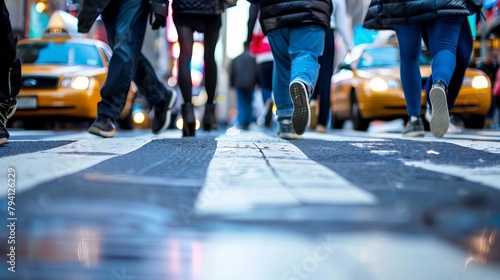 busy new york city street scene with peoples legs crossing pedestrian crossing photo