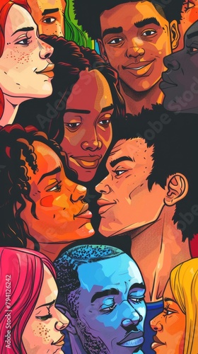 A vibrant illustration featuring a diverse group of people in close proximity