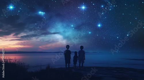 Friends stargazing together on a clear night, marveling at the universe. Happiness, love, respect for each other, harmony