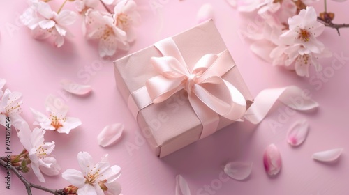 present gift box with tiny pale pink satin ribbon decorated with blooming sakura flowers on pale pink background, birthday, decorative, white, surprise, beautiful, wedding photo