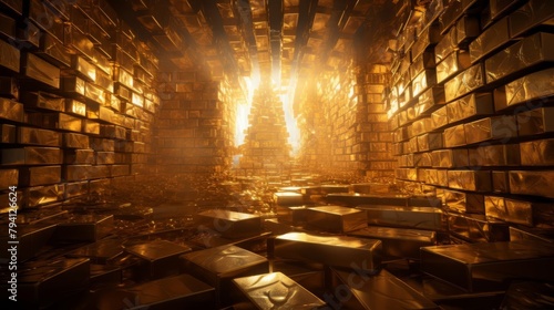 A vault filled with stacks of gold bars