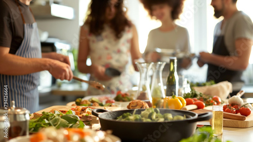 Friends attending a cooking class, mastering new culinary skills. Happiness, love, respect for each other, harmony