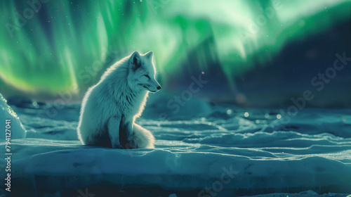 Raposa branca em cima de um bloco de gelo com a aurora boreal no fundo