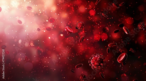 close up of a red and blue virus with red blood cells surrounding it. The red blood cells are scattered throughout the image, with some closer to the virus and others further away.