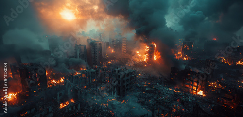 Apocalyptic urban landscape with raging fires and smoke photo