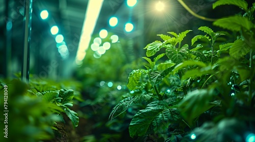 Close up of a lush green indoor plant nursery with a bright light in the background. photo