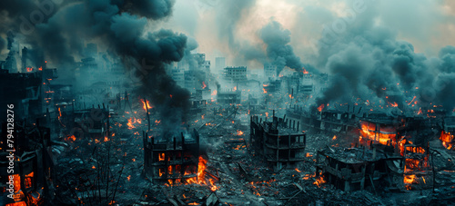 Apocalyptic urban landscape with raging fires and smoke photo