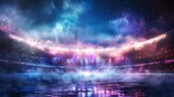 dynamic stadium arena with bright lights and dramatic smoke effects digital painting