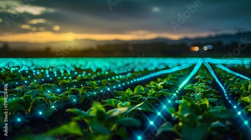 Fiber optics in the middle of a smart farm field at sunset