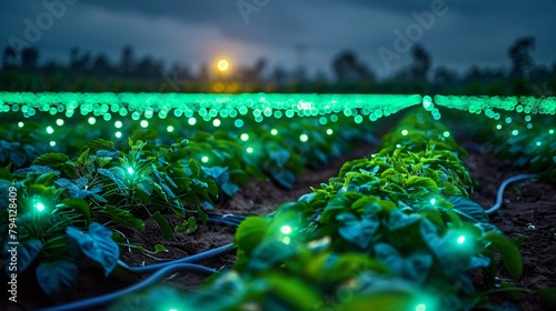 Glowing green orbs float above a potato smart farm field at night