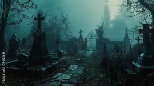 eerie abandoned cemetery path at night dark fantasy misty landscape vast foggy graveyard scene