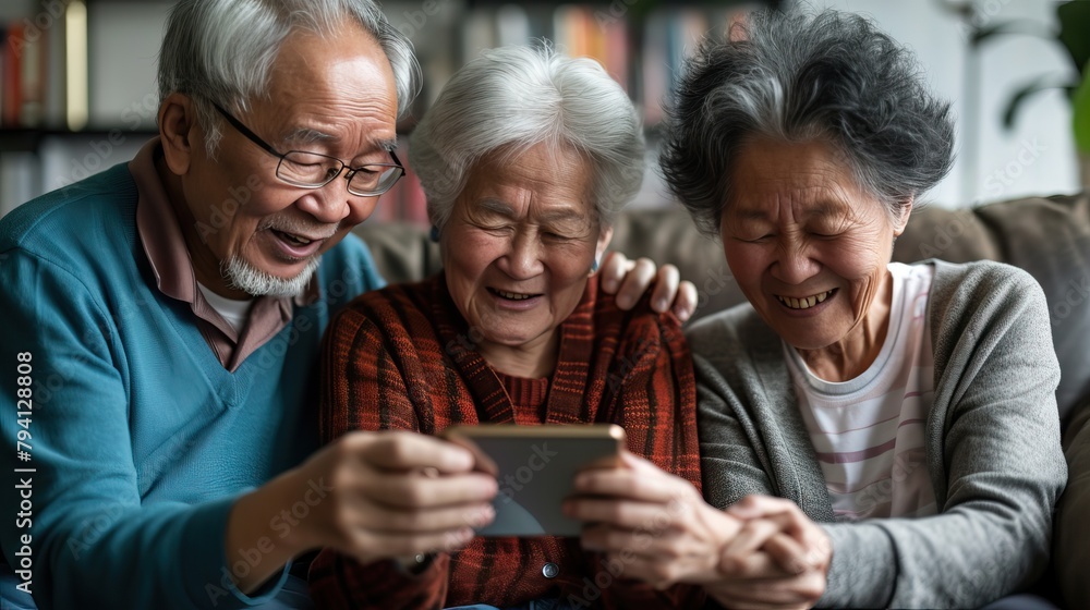 Senior sharing at their smartphones. Joyful senior friends sharing a fun moment while looking at their smartphones together. Senior sharing at their smartphones. Joyful senior friends sharing a fun moment while looking at their smartphones together.