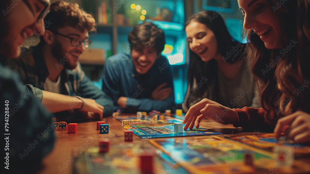 Fototapeta premium Friends hosting a game night, with a mix of classic board games and trivia challenges. Happiness, love, respect for each other, harmony